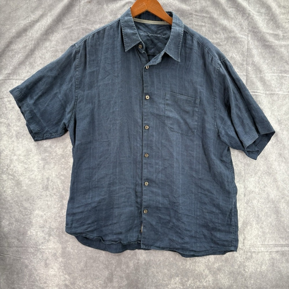 Tommy Bahama Linen Shirt Mens XL Dark Blue Short Sleeve Lightweight Summer